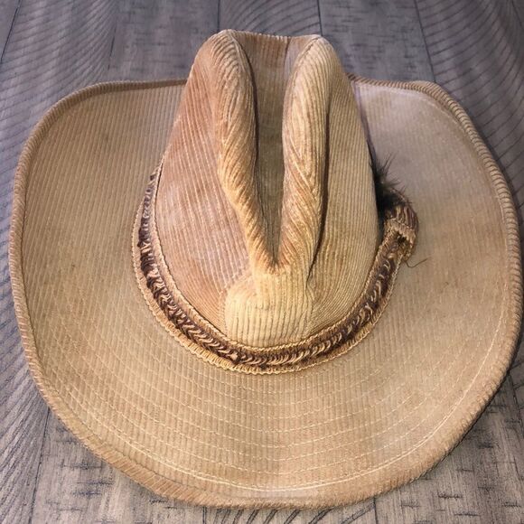Country Gentleman’s Corduroy Wide Brim Ranch Hat in Tan Feather and braid accent main image 16